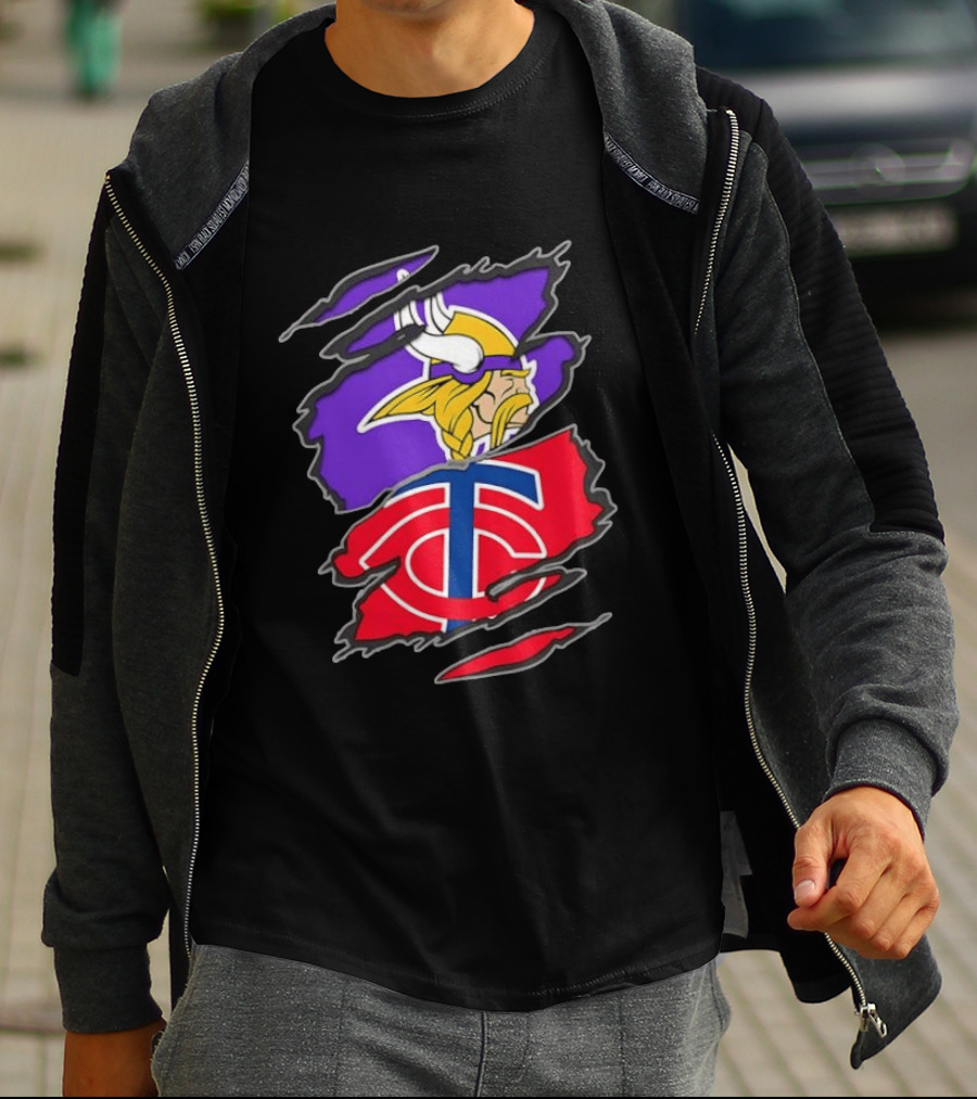 Minnesota Vikings Minnesota Twins Iconic Team Collaboration Ripped T-Shirt