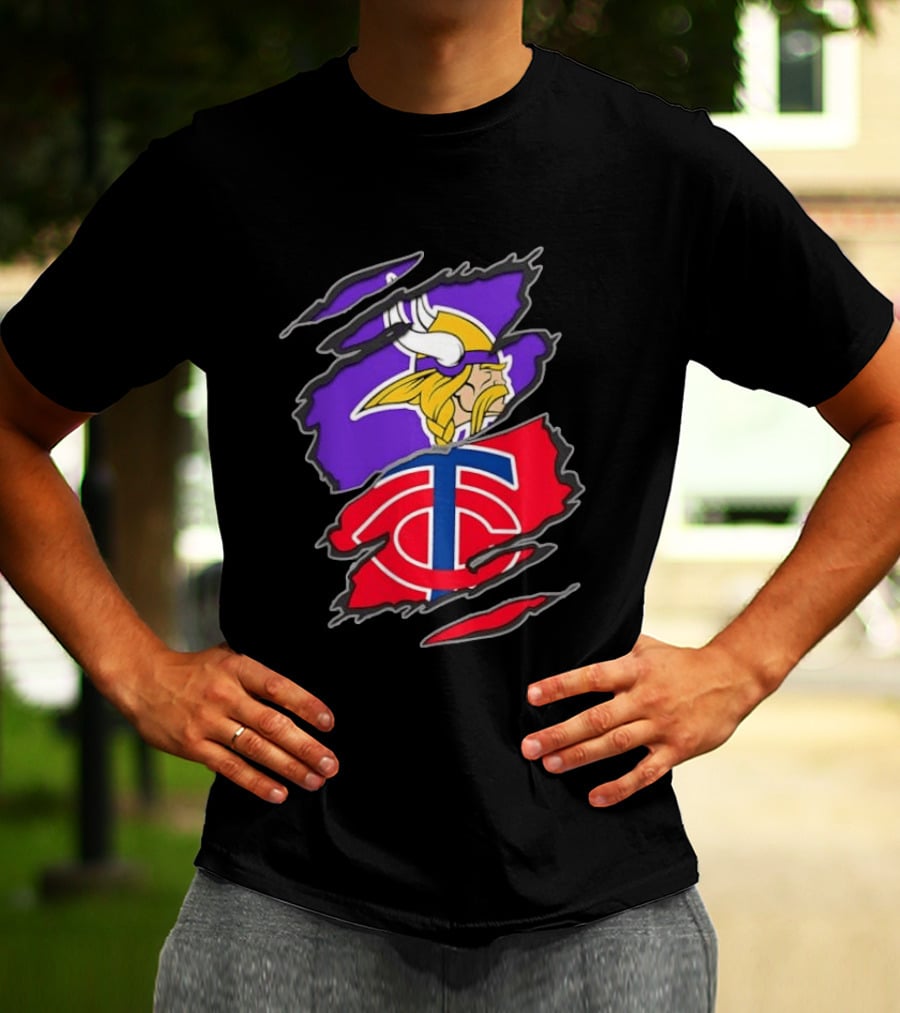 Minnesota Vikings Minnesota Twins Iconic Team Collaboration Ripped T-Shirt