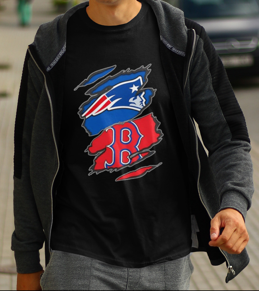 Patriots Red Sox Ripped Design New England Boston Sports Fan T-Shirt