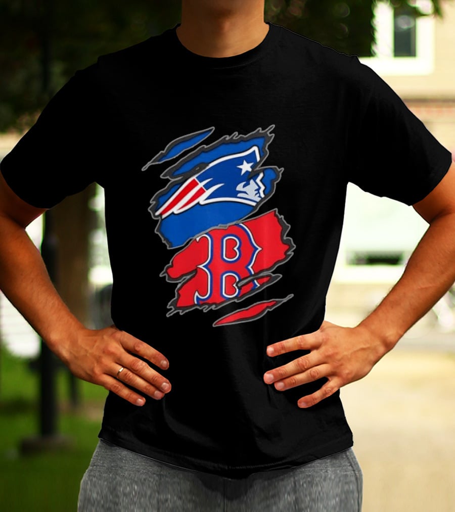 Patriots Red Sox Ripped Design New England Boston Sports Fan T-Shirt