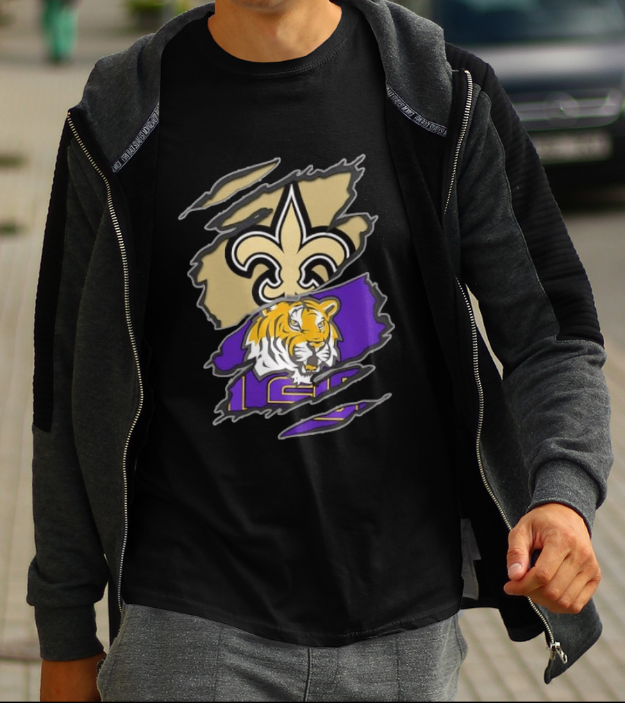 New Orleans Saints LSU Tigers Football Louisiana Logos Ripped T-Shirt