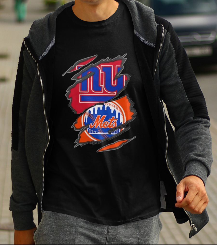 New York Giants New York Mets Ripped Reveal Football Baseball T-Shirt
