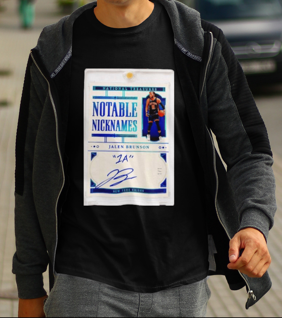 Jalen Brunson New York Knicks National Treasures Notable Nicknames 1A Autograph 1/1 Trading Card T-Shirt