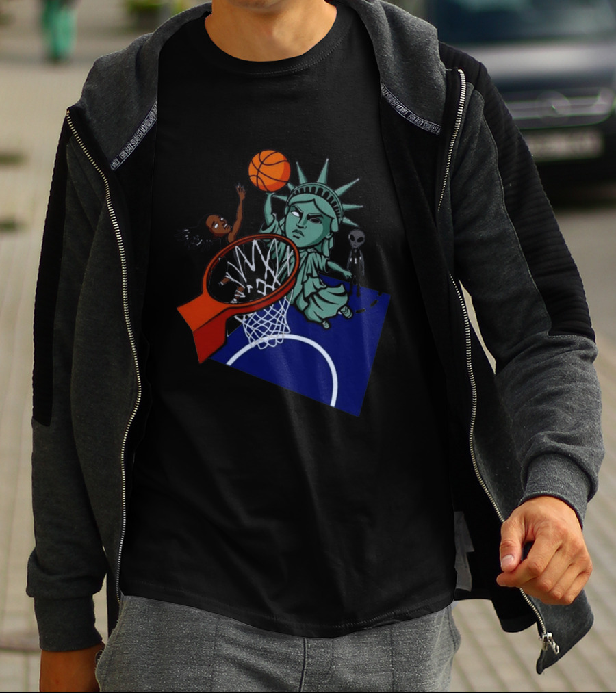 Statue Of Liberty Basketball Dunk With Alien And Athlete Joe Maracic T-Shirt