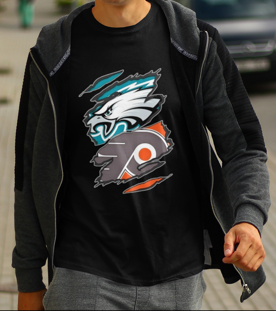 Philadelphia Eagles And Philadelphia Flyers Ripped Tear Sports Team T-Shirt