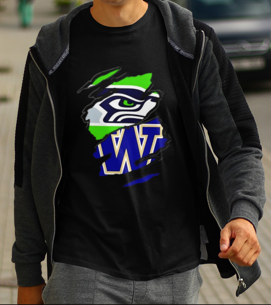 Seattle Seahawks Washington Huskies Ripped Through Logos T-Shirt