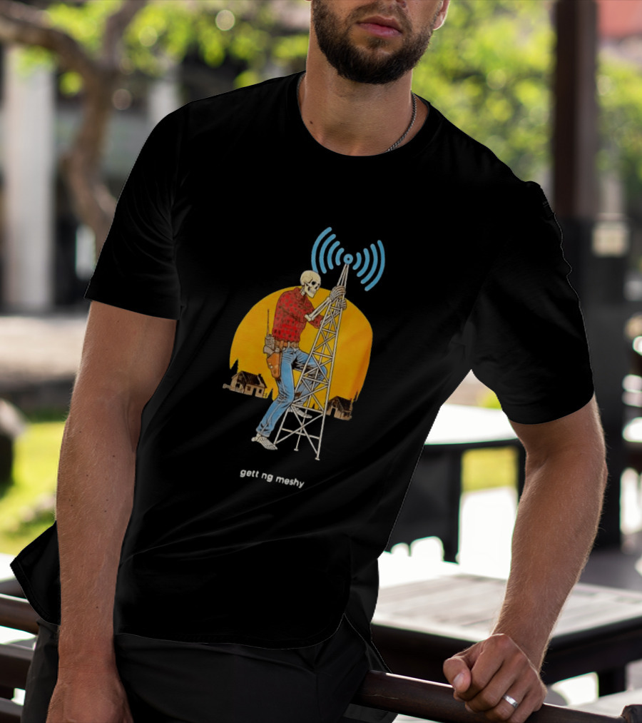 Skeleton Climbing Tower With Radio Waves Retro Scene T-Shirt