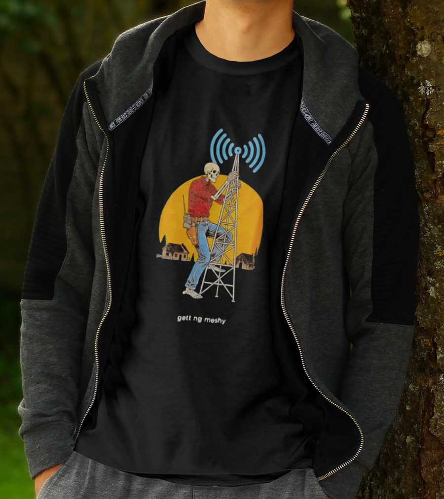 Skeleton Climbing Tower With Radio Waves Retro Scene T-Shirt