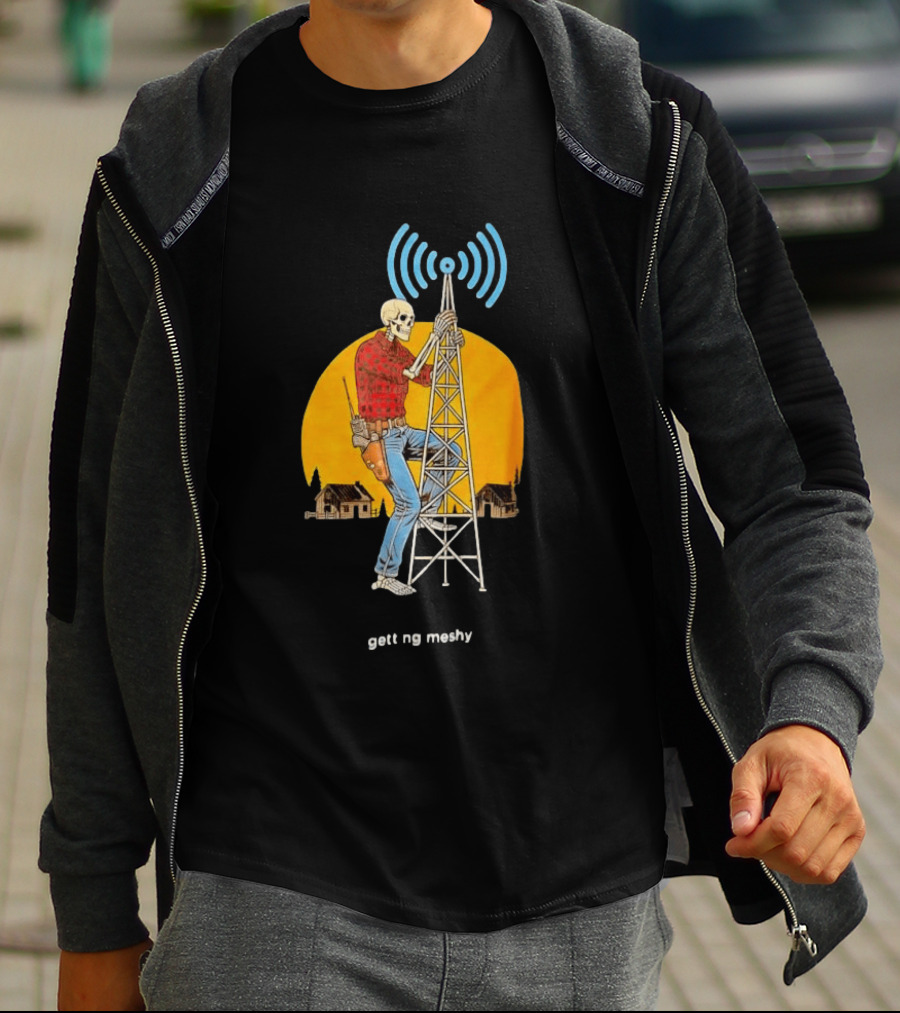 Skeleton Climbing Tower With Radio Waves Retro Scene T-Shirt