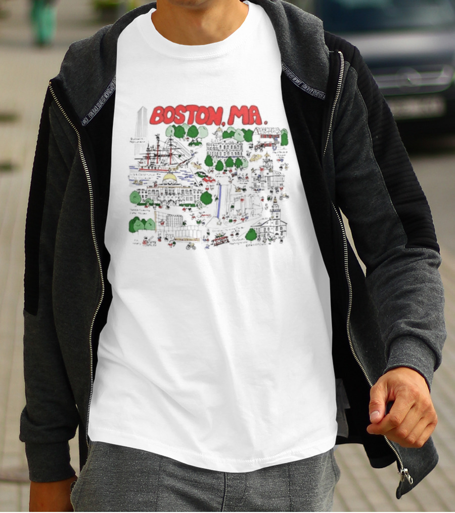 Boston MA Map Bunker Hill Monument USS Constitution State House T-Shirt