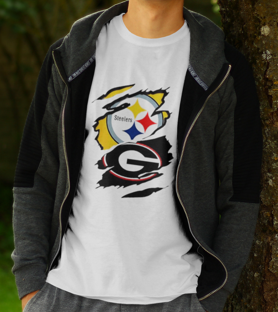 Pittsburgh Steelers Georgia Bulldogs NCAA Football Ripped Torn Effect T-Shirt