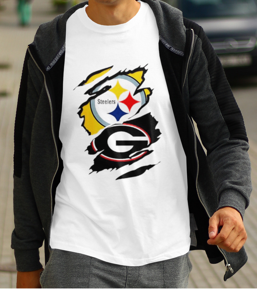 Pittsburgh Steelers Georgia Bulldogs NCAA Football Ripped Torn Effect T-Shirt