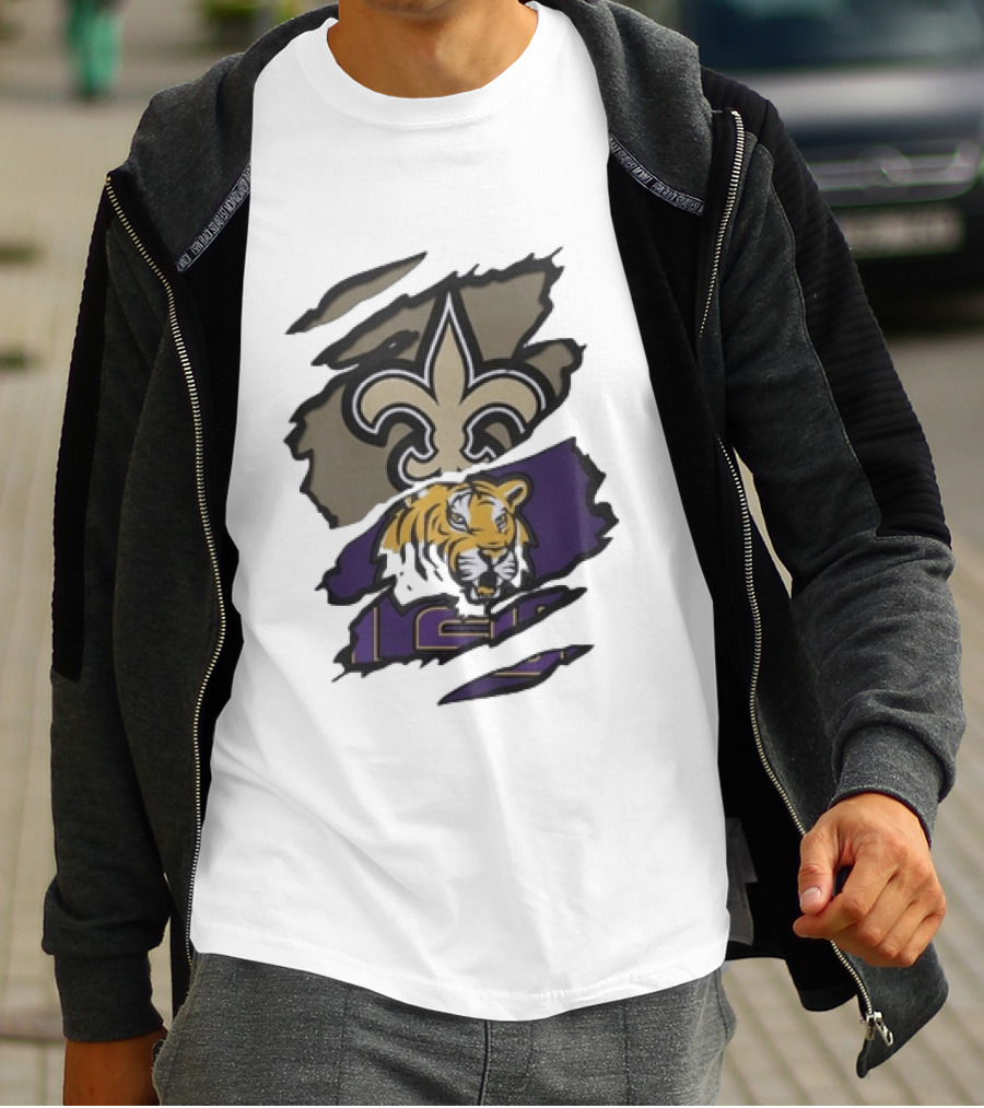 New Orleans Saints LSU Tigers Beneath The Surface Fleur De Lis Tiger Split T-Shirt