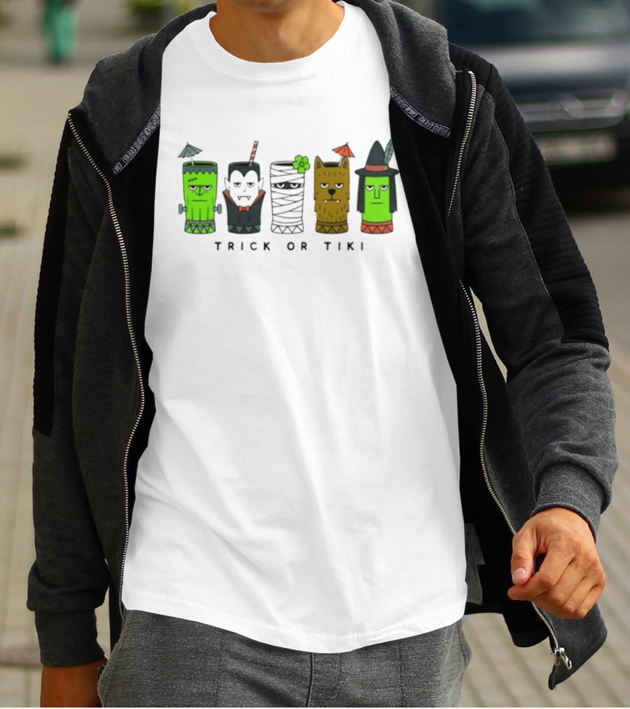 Trick Or Tiki Frankenstein Vampire Mummy Werewolf Witch Halloween T-Shirt