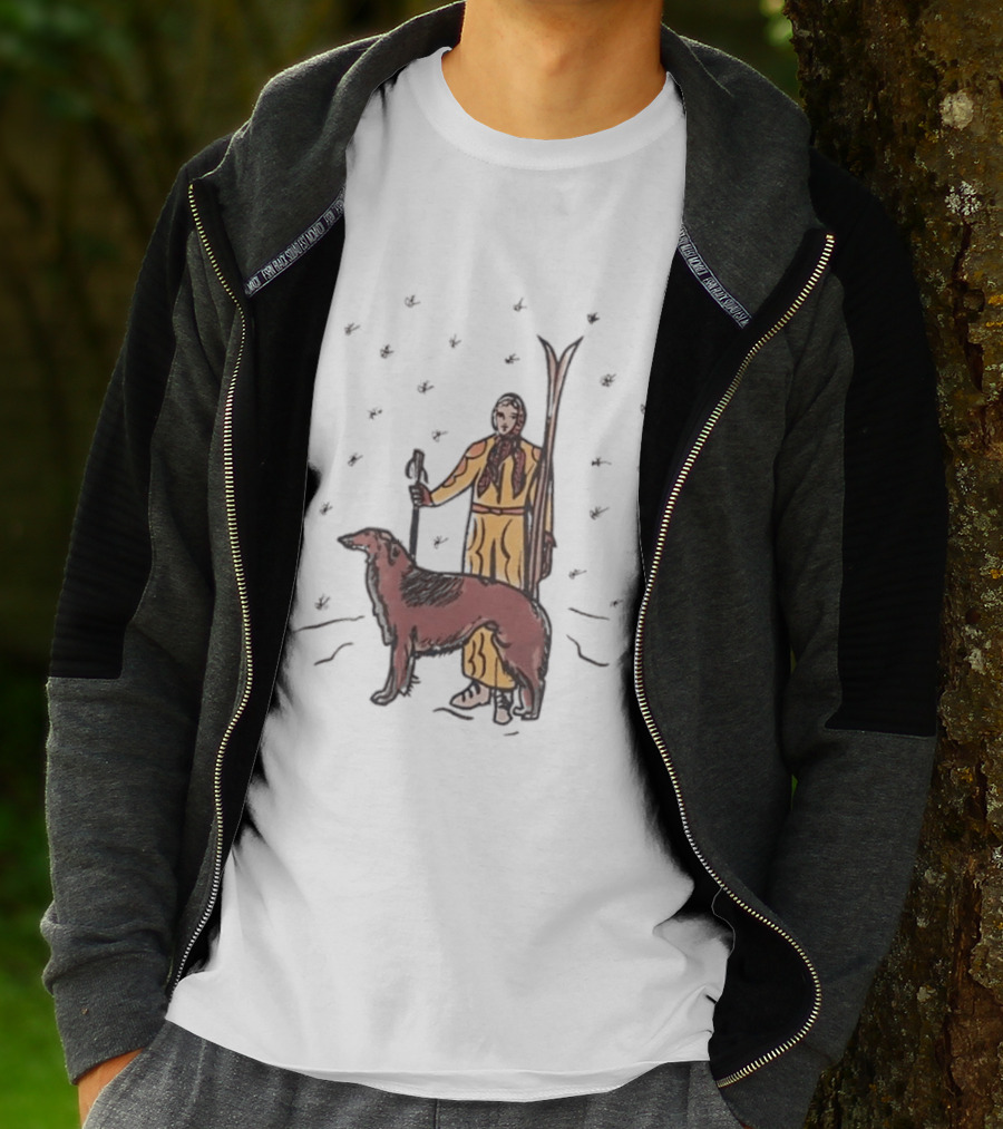Woman Skiing With Borzoi Dog In Winter Sports Scene T-Shirt