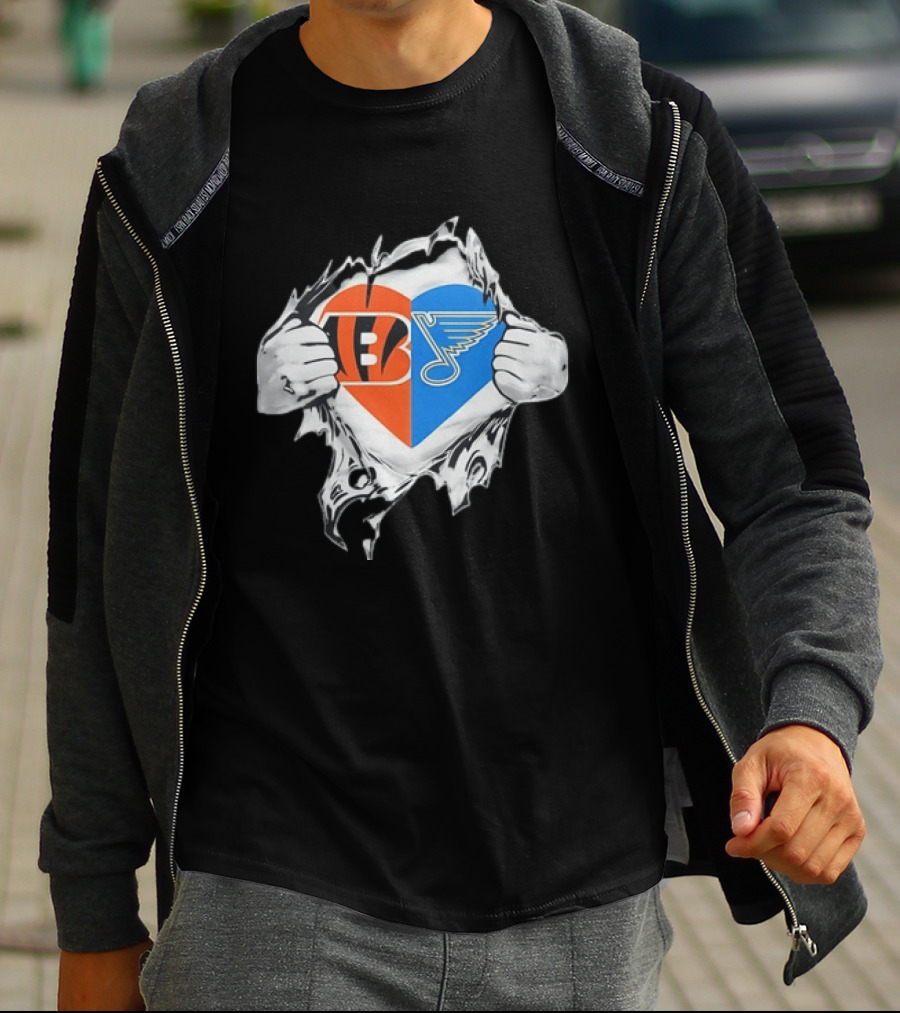 Bengals Blues Tattered Heart Shape Split Symbol With Hands T-Shirt