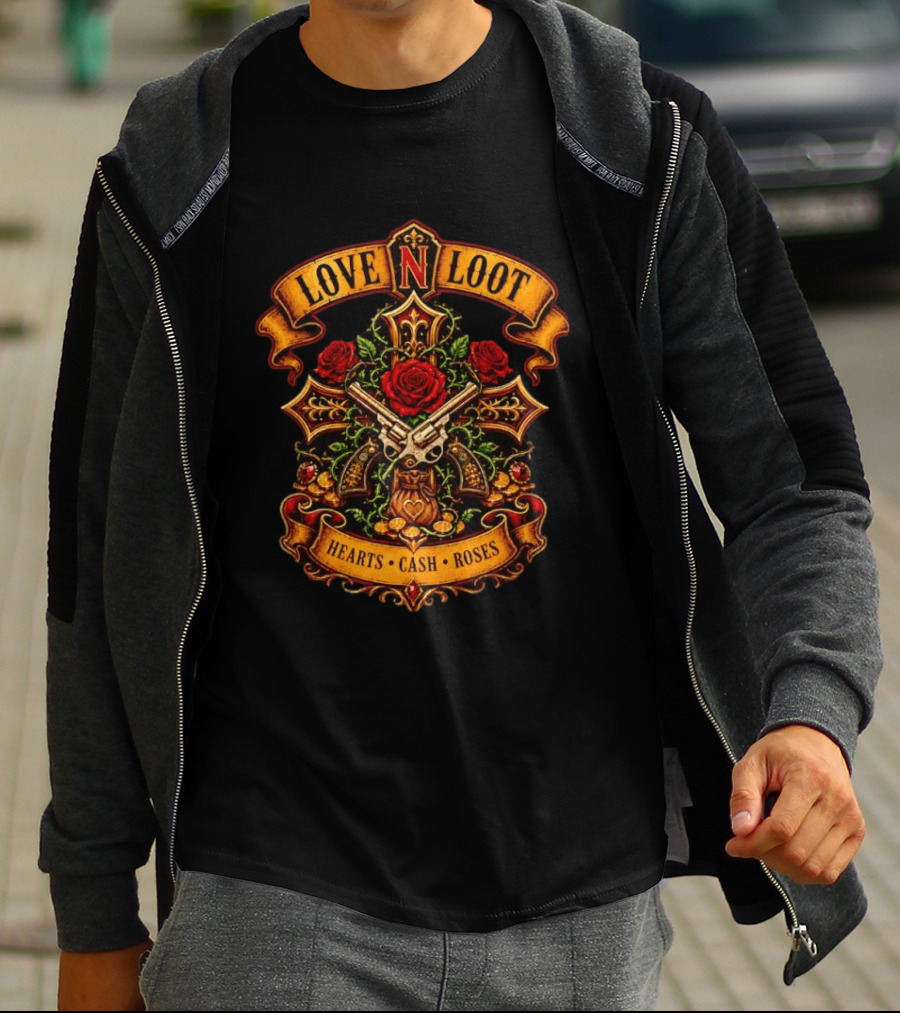 Love N Loot Hearts Cash Roses Guns And Flowers Cross Emblems T-Shirt