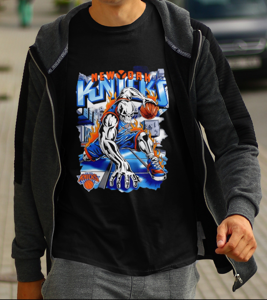 New York Knicks NBA Basketball Skull Player And City Flames T-Shirt