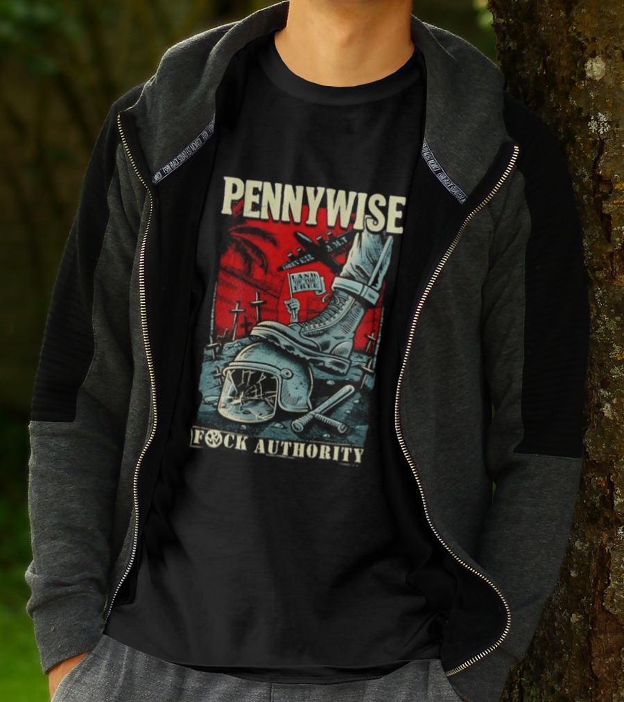 Pennywise Fock Authority Land Of The Free Forever Dystopian Punk Imagery With Boot And Helmet T-Shirt