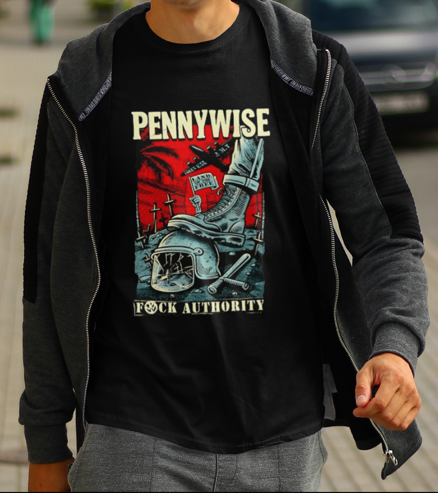 Pennywise Fock Authority Land Of The Free Forever Dystopian Punk Imagery With Boot And Helmet T-Shirt
