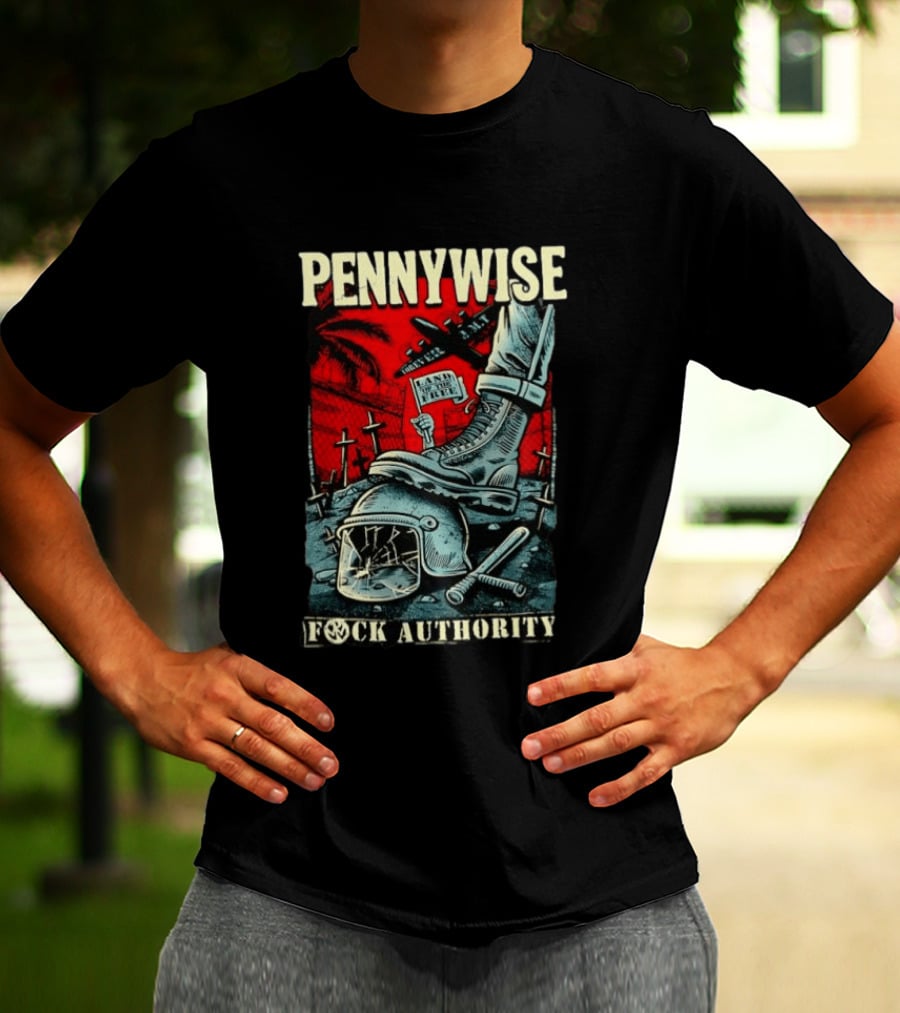 Pennywise Fock Authority Land Of The Free Forever Dystopian Punk Imagery With Boot And Helmet T-Shirt