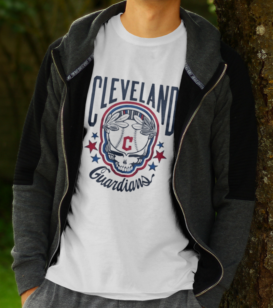 Cleveland Guardians Skull Baseball Laurel Wreath Stars T-Shirt