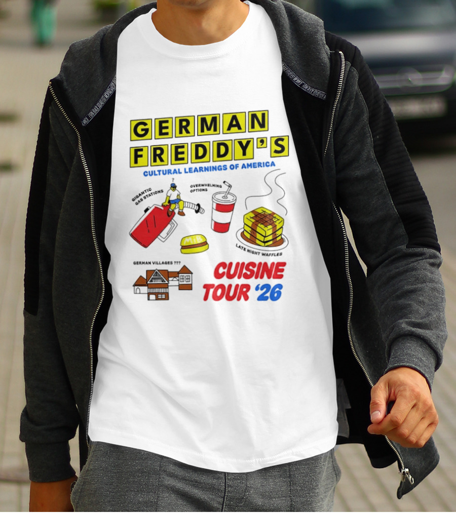 German Freddy's Cultural Learnings Of America Cuisine Tour '26 Village Fest Waffle Burger Soda T-Shirt