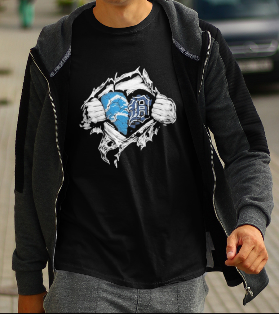 Detroit Lions Tigers Heart Ripped Design Collaboration Sports Fandom T-Shirt