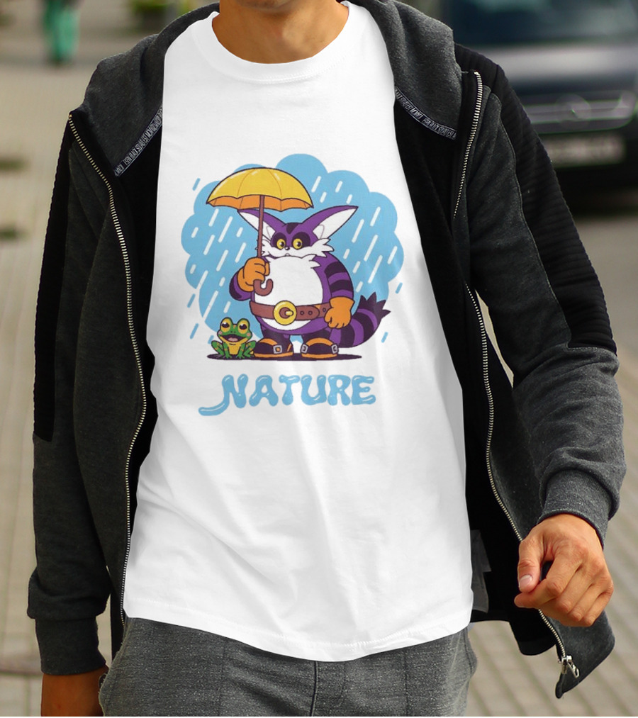 Big The Cat Froggy Nature Holding Umbrella In Rain T-Shirt