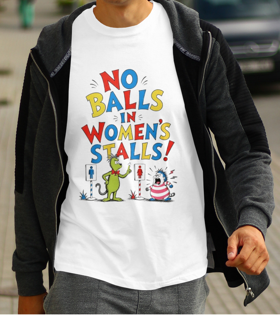 No Balls In Women's Stalls Cat Character Urinal Cartoon T-Shirt