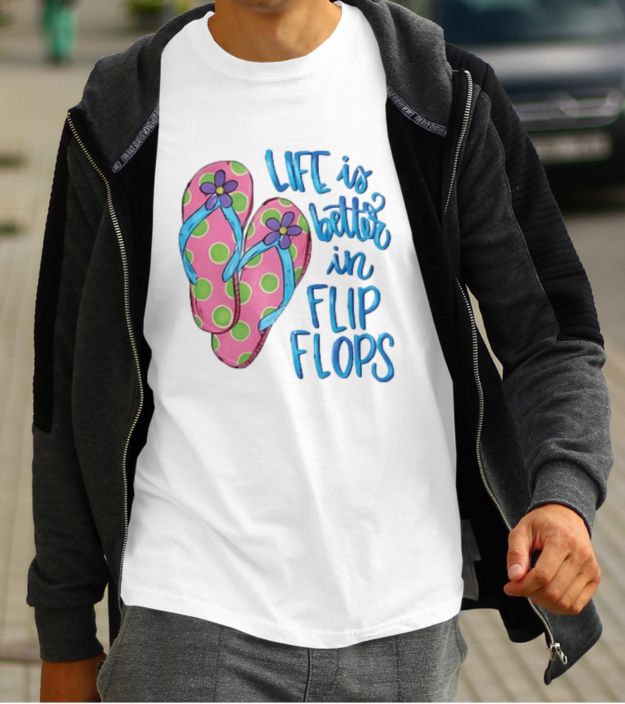 Life Is Better In Flip Flops With Pink Polka Dot And Blue Flower Sandals T-Shirt
