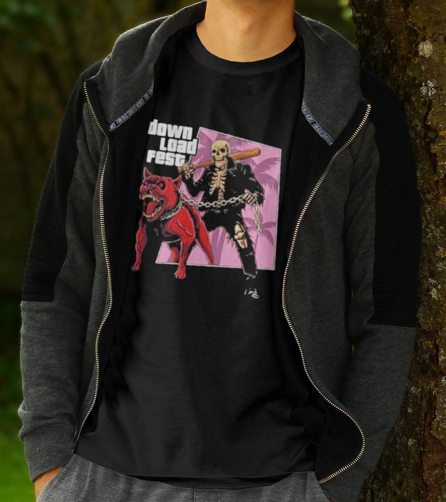 Download Fest Skeleton With Dog Baseball Bat June 2026 Grand Fest Auto GTA T-Shirt