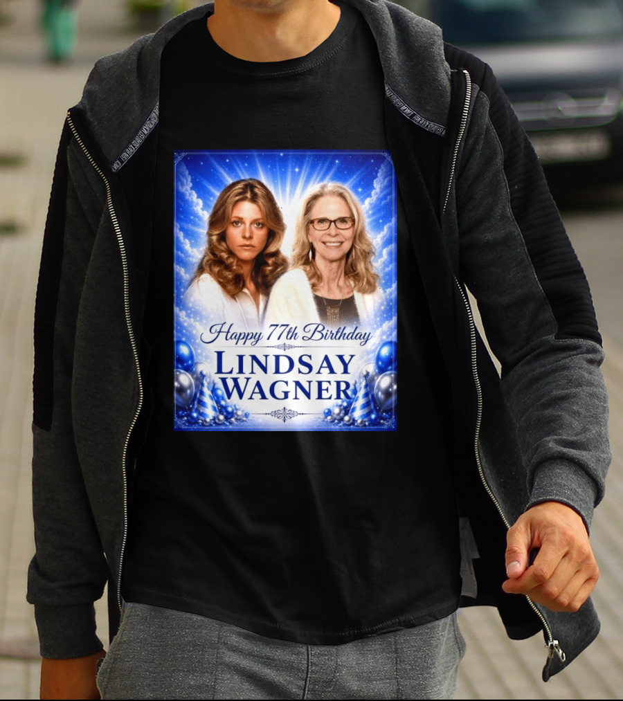 Happy 77th Birthday Celebration Lindsay Wagner Blue Party Balloons T-Shirt