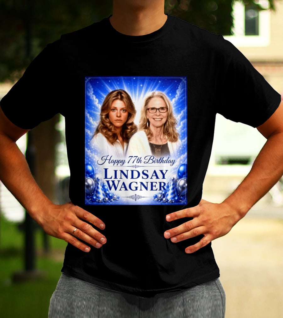 Happy 77th Birthday Celebration Lindsay Wagner Blue Party Balloons T-Shirt