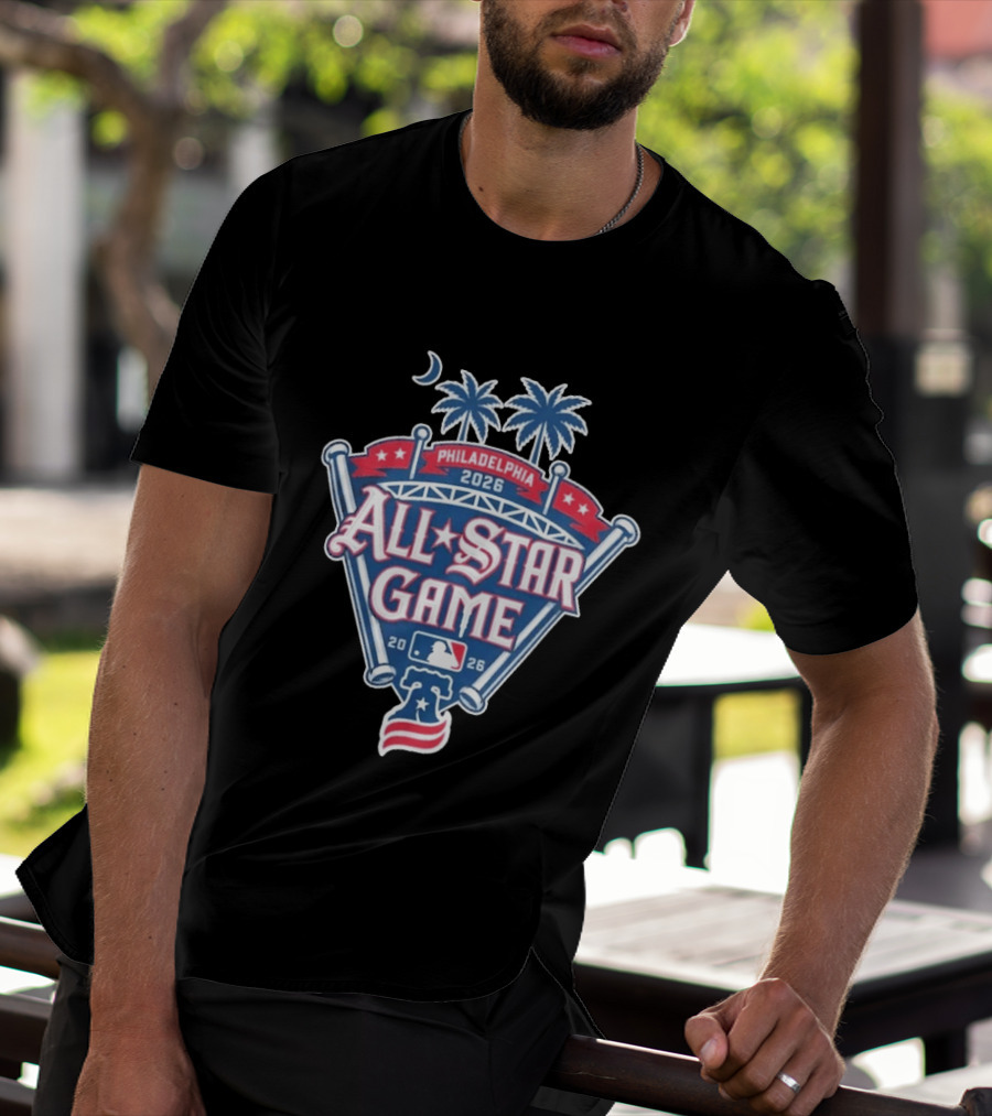 MLB All Star Game Philadelphia 2026 Palm Trees Baseball Bat Logo Night Skyline T-Shirt