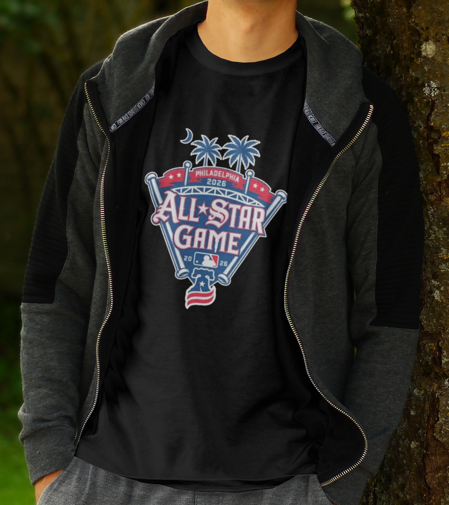 MLB All Star Game Philadelphia 2026 Palm Trees Baseball Bat Logo Night Skyline T-Shirt