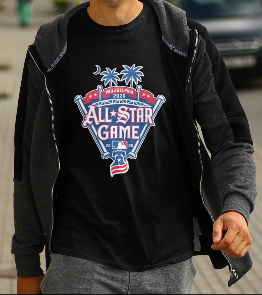 MLB All Star Game Philadelphia 2026 Palm Trees Baseball Bat Logo Night Skyline T-Shirt
