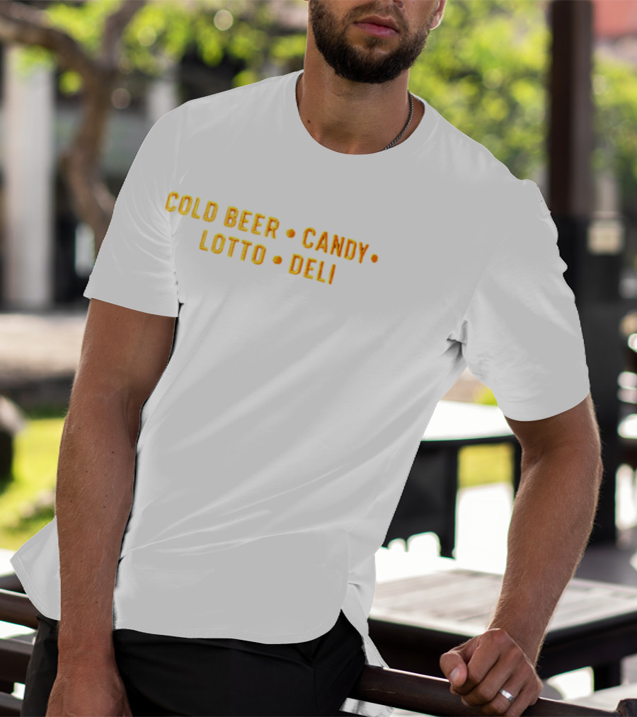 Cold Beer Candy Lotto Deli Retro Block Letters T-Shirt