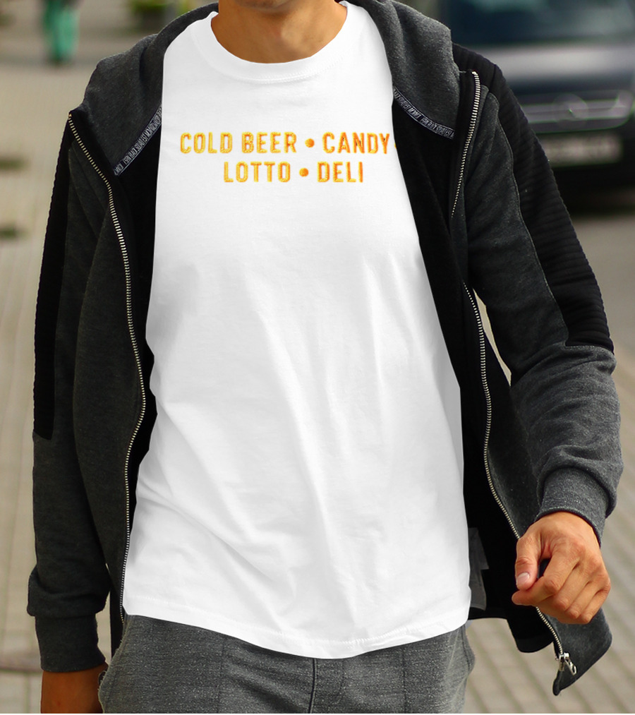 Cold Beer Candy Lotto Deli Retro Block Letters T-Shirt