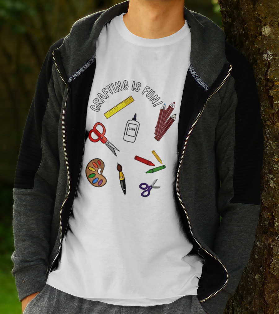 Crafting Is Fun Supplies Scissors Glue Paintbrush Crayons Palette Ruler T-Shirt