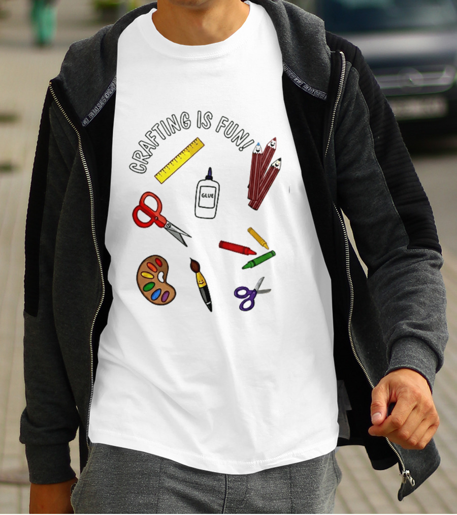 Crafting Is Fun Supplies Scissors Glue Paintbrush Crayons Palette Ruler T-Shirt