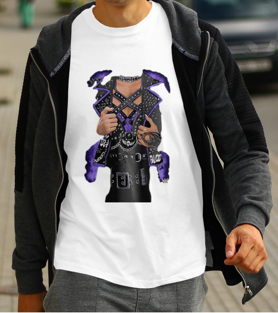 WWE Rhea Ripley Leather Jacket Chains Studs Purple Black Gear T-Shirt