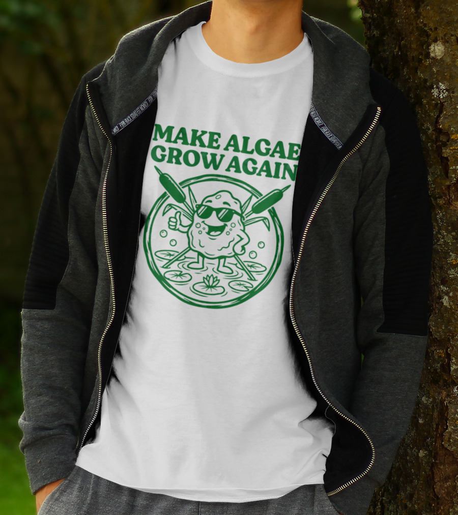 MAKE ALGAE GROW AGAIN Cartoon Thumbs Up With Sunglasses And Cattails Circular Frame T-Shirt
