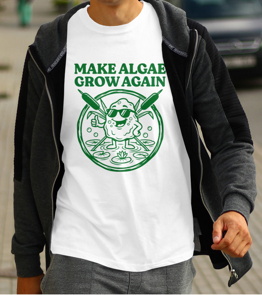 MAKE ALGAE GROW AGAIN Cartoon Thumbs Up With Sunglasses And Cattails Circular Frame T-Shirt