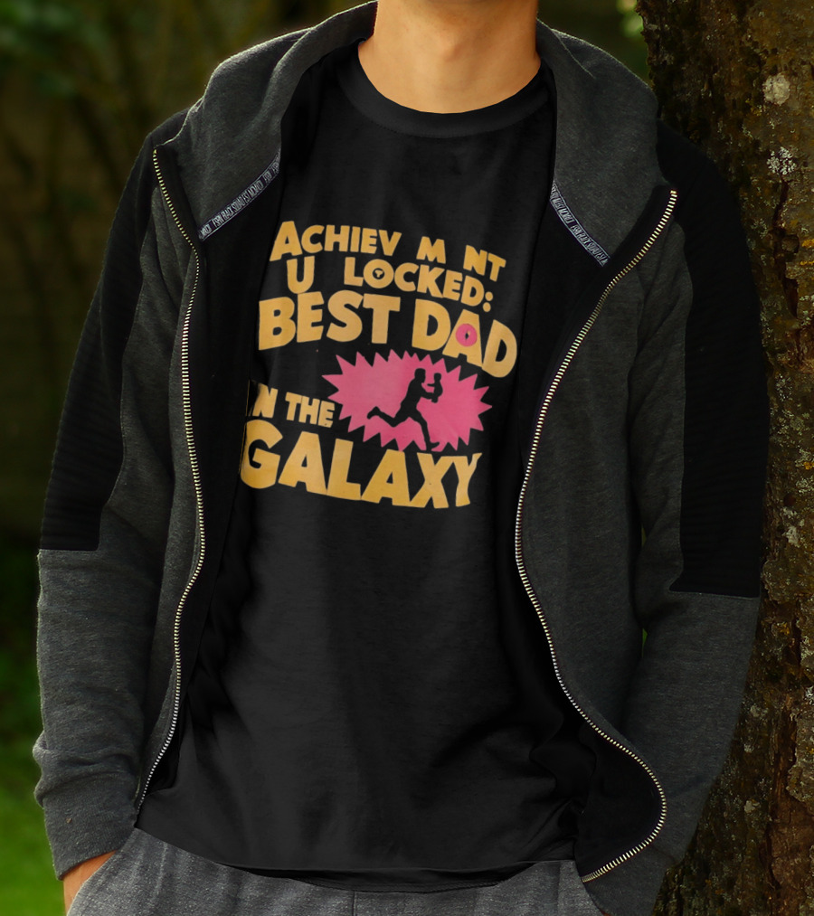 Achievement Unlocked Best Dad In The Galaxy Running With Child T-Shirt