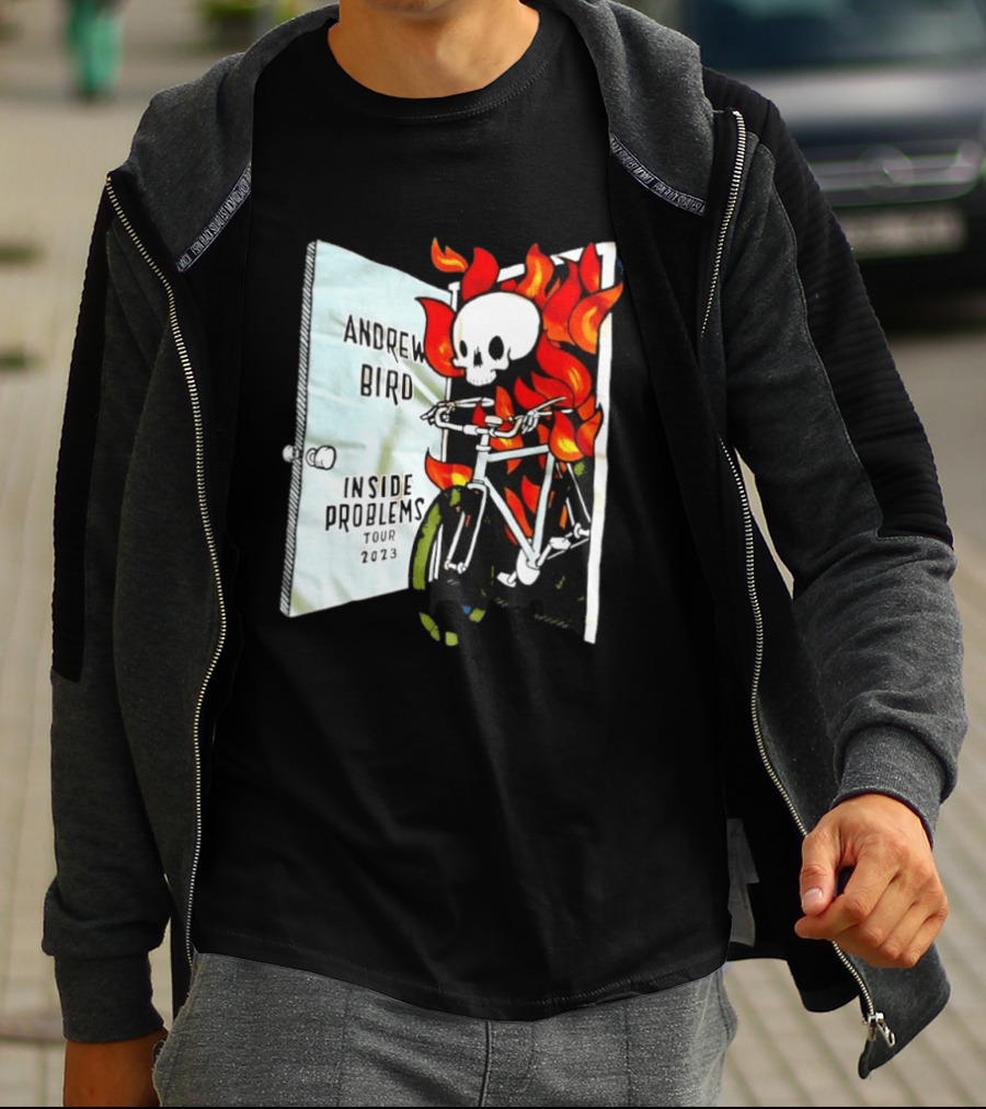 Andrew Bird Inside Problems Tour 2023 Flaming Skeleton On Bicycle T-Shirt