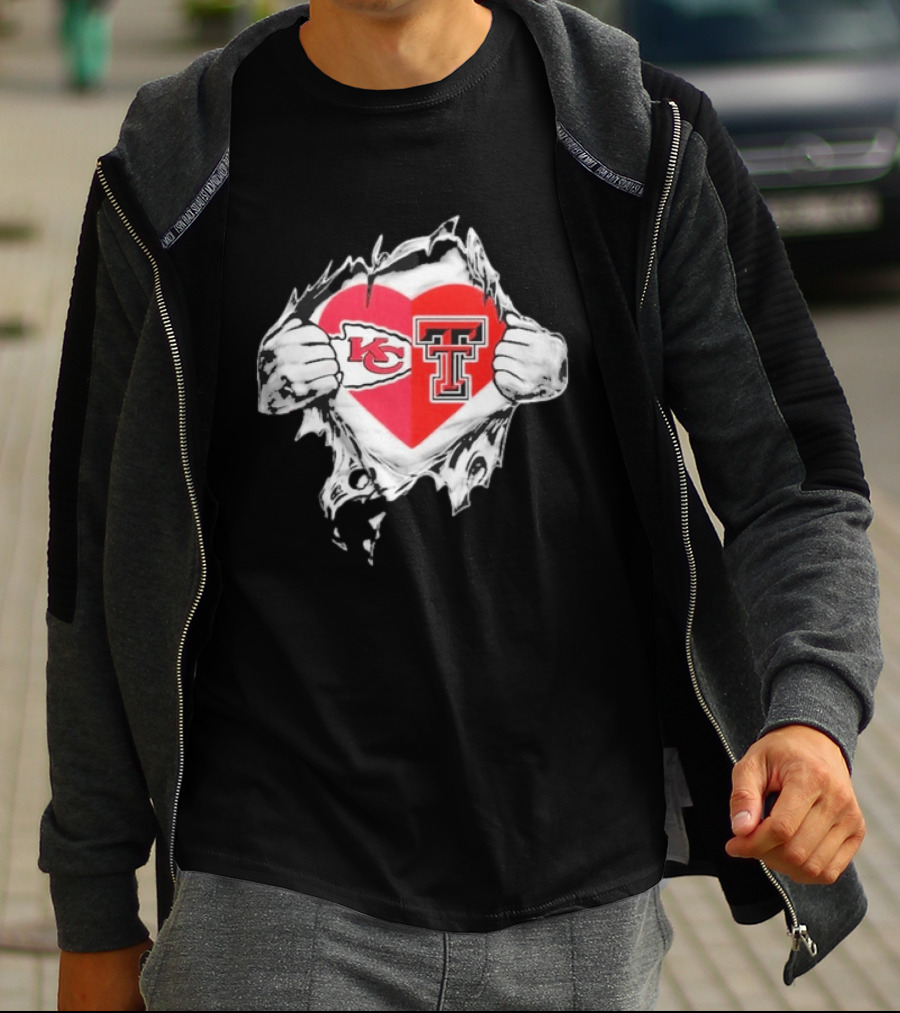 Chiefs Texas Tech Red Raiders Heart Emblem Torn Reveal T-Shirt