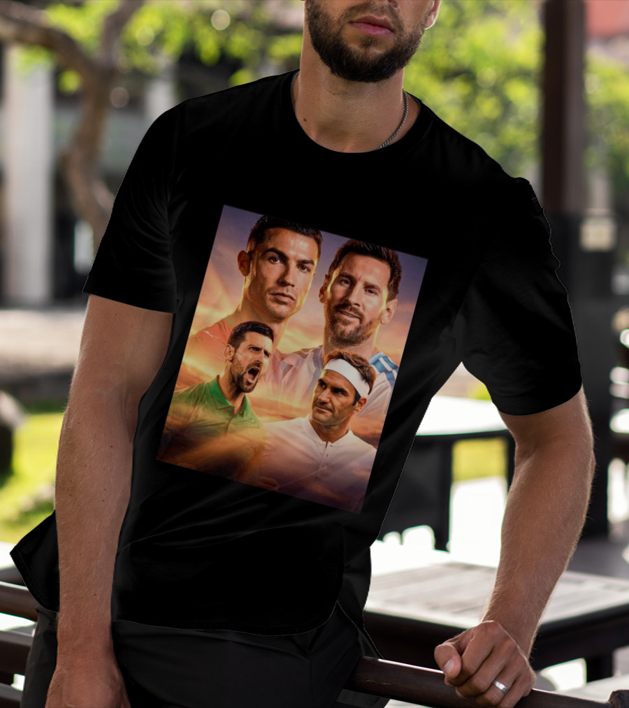 Cristiano Ronaldo Lionel Messi Novak Djokovic Roger Federer GOAT Sports Legends Celebrating Iconic Athletes T-Shirt