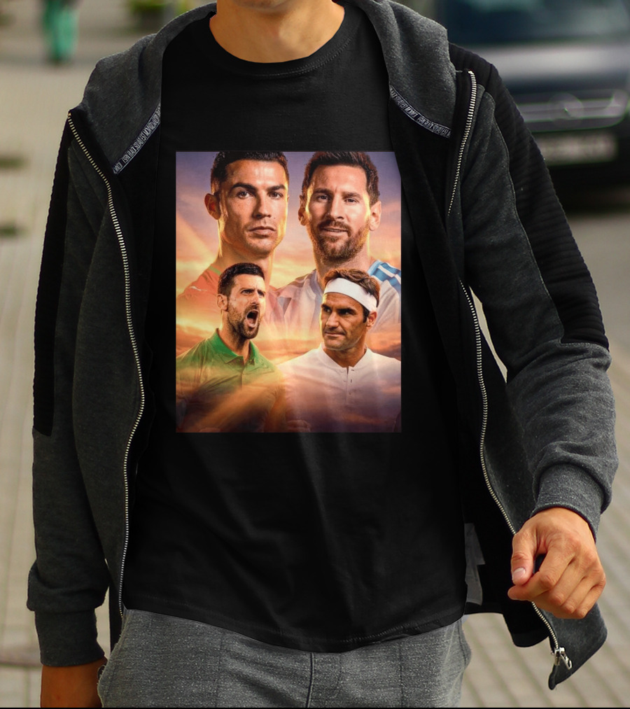 Cristiano Ronaldo Lionel Messi Novak Djokovic Roger Federer GOAT Sports Legends Celebrating Iconic Athletes T-Shirt
