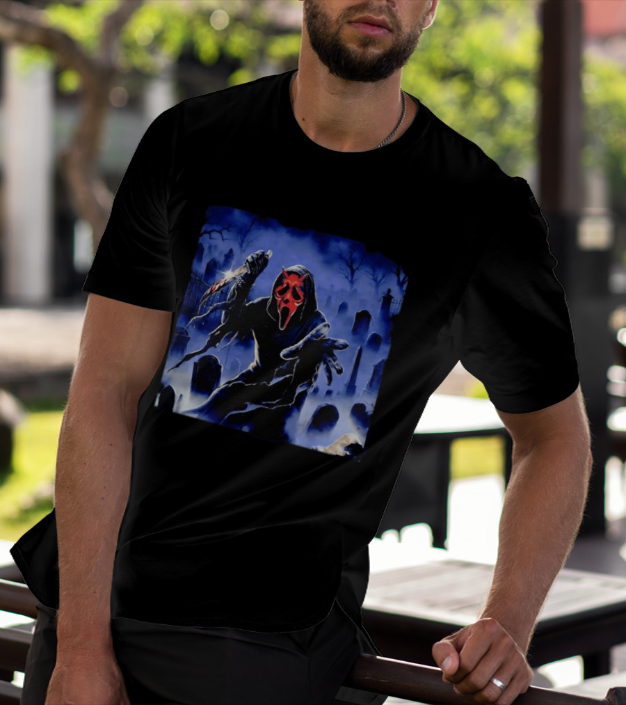Ghostface Scream Devil Mask With Knife In Cemetery T-Shirt